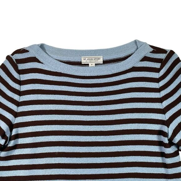St. John Sport Womens Petite Blue And Black Striped Long Sleeve Wool Blend Top - Picture 2 of 10